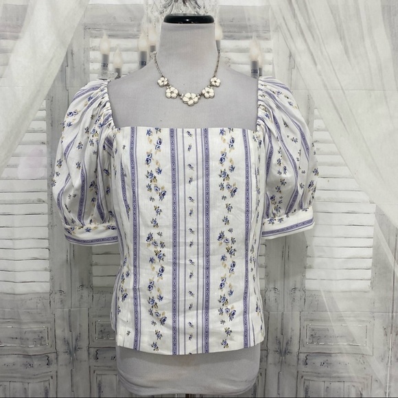 Antonio Melani Size 14 Square Neck Linen Floral Striped Blouse White Blue Boxy - Picture 2 of 9